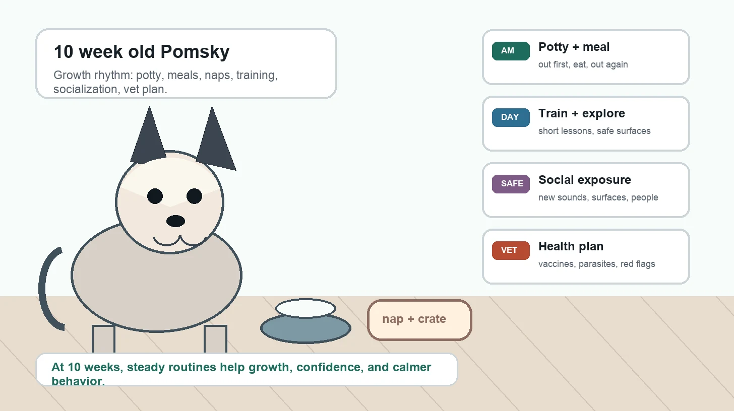 10 week old Pomsky puppy care routine with meals, potty breaks, naps, training, socialization, grooming, and vet checks