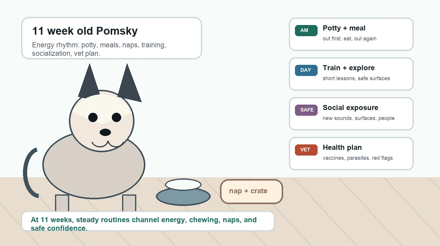 11 week old Pomsky puppy care routine with meals, potty breaks, naps, training, socialization, grooming, and vet checks