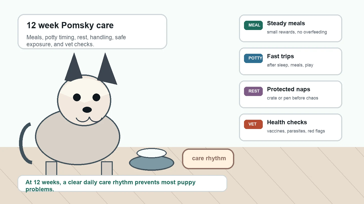 12 week old Pomsky puppy care routine with meals, potty breaks, naps, crate rest, grooming handling, socialization, training carryover, and vet checks