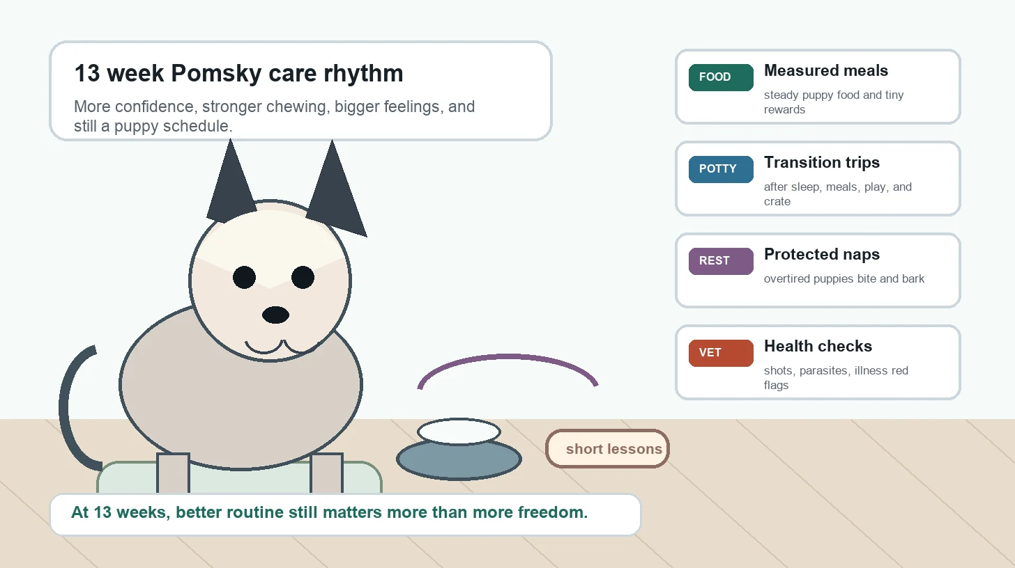 13 week old Pomsky puppy care routine with meals, potty trips, naps, short training, teething-safe chewing, socialization, grooming, exercise, and vet checks