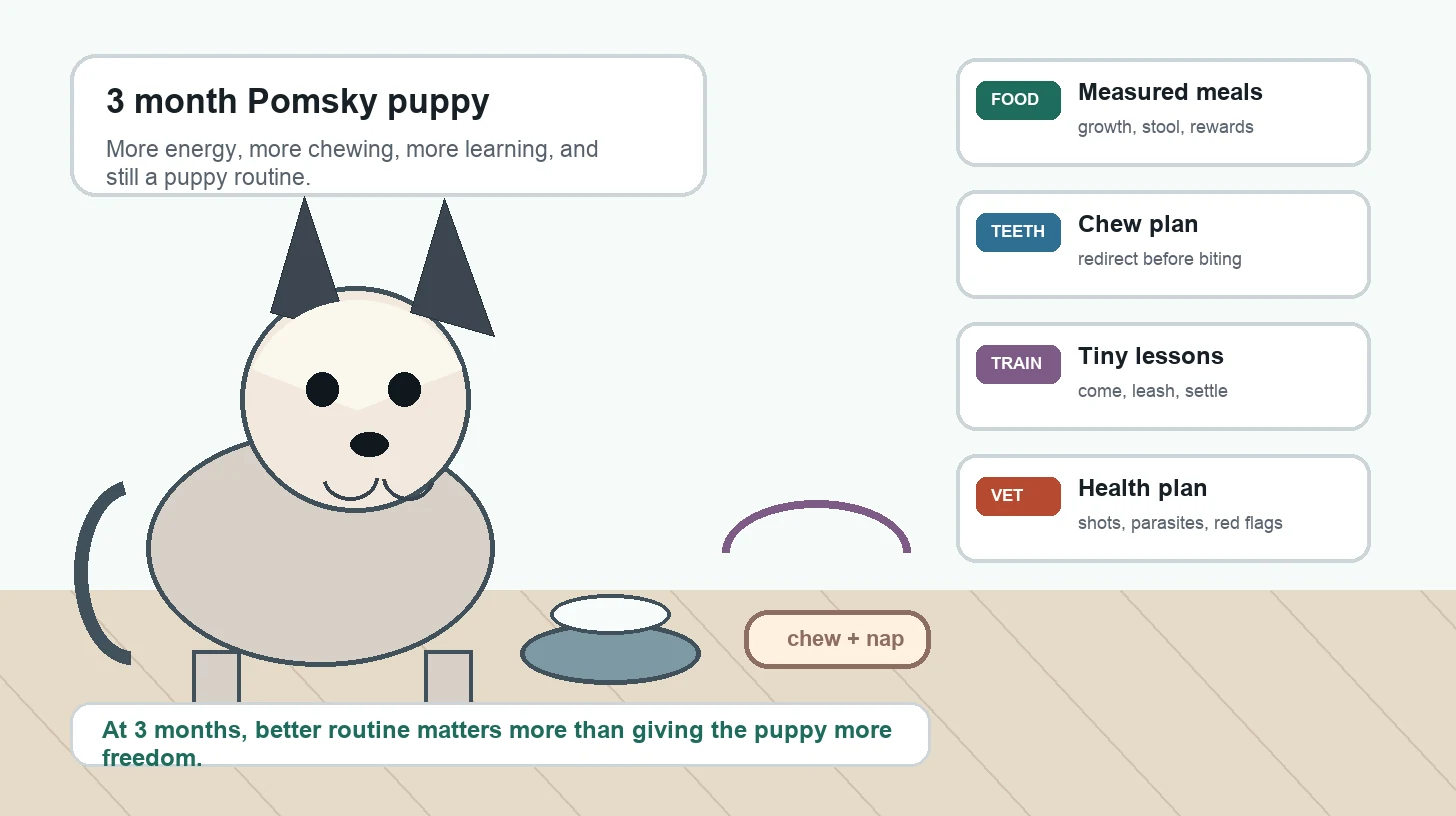 3 month old Pomsky puppy care routine with feeding, potty progress, teething, naps, training carryover, socialization, grooming, exercise, and vet checks