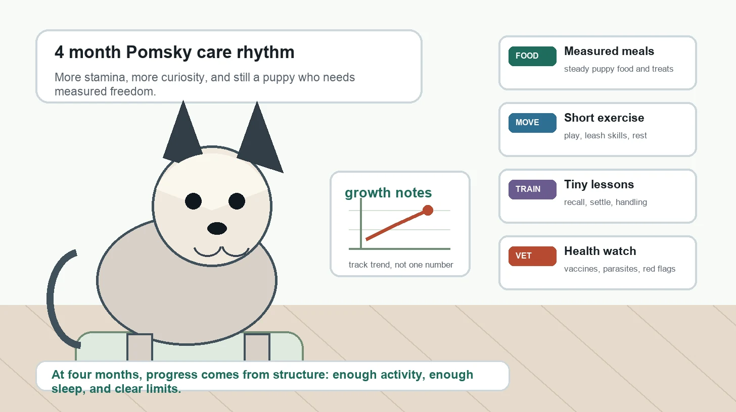 4 month old Pomsky puppy care routine with growth tracking, measured meals, potty progress, sleep, training, socialization, grooming, exercise, and veterinarian checks