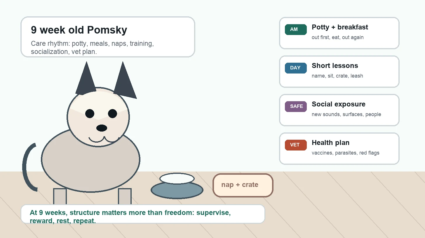 9 week old Pomsky puppy care routine with meals, potty breaks, naps, training, socialization, grooming, and vet checks