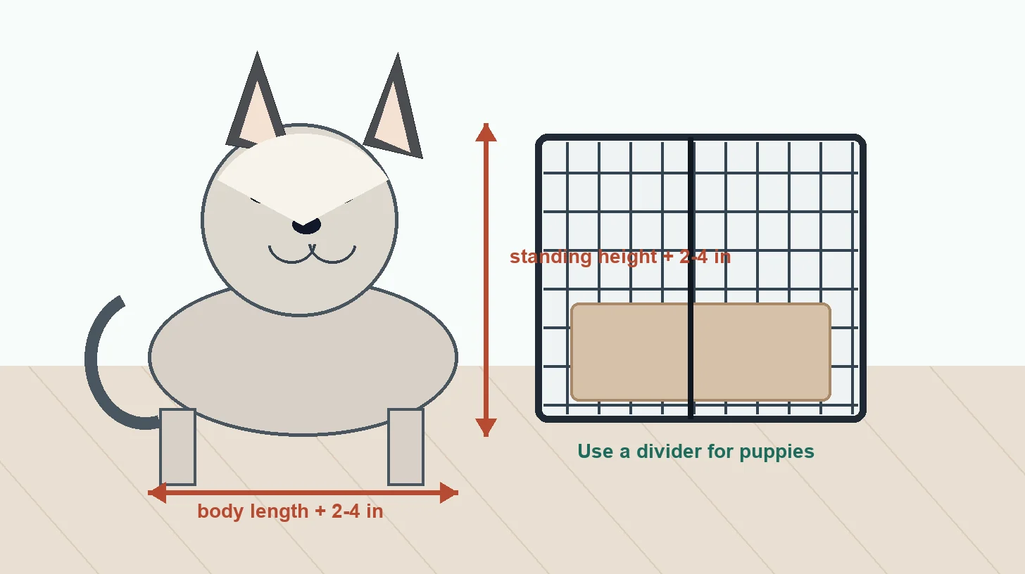 Diagram showing a Pomsky standing beside a correctly sized wire dog crate