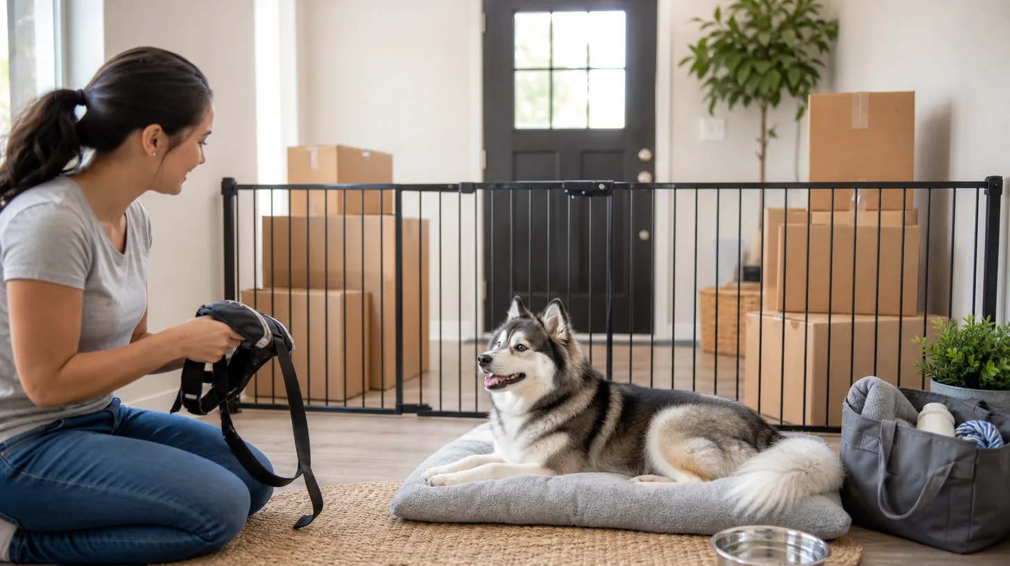A Pomsky rests behind a secure gate in a new home while a caregiver prepares its harness