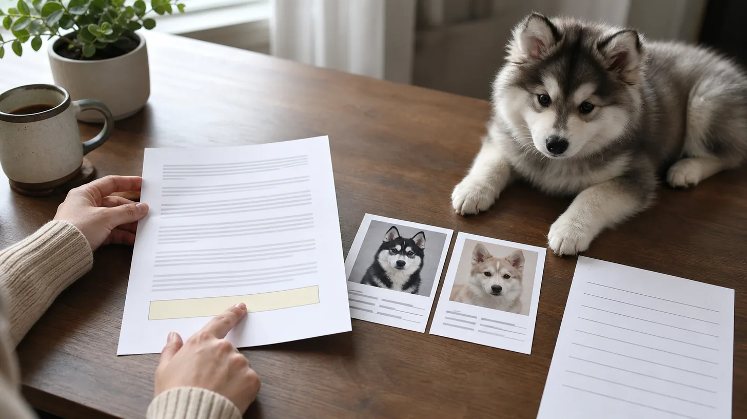 Buyer points to a blank highlighted contract clause while reviewing Pomsky parent records