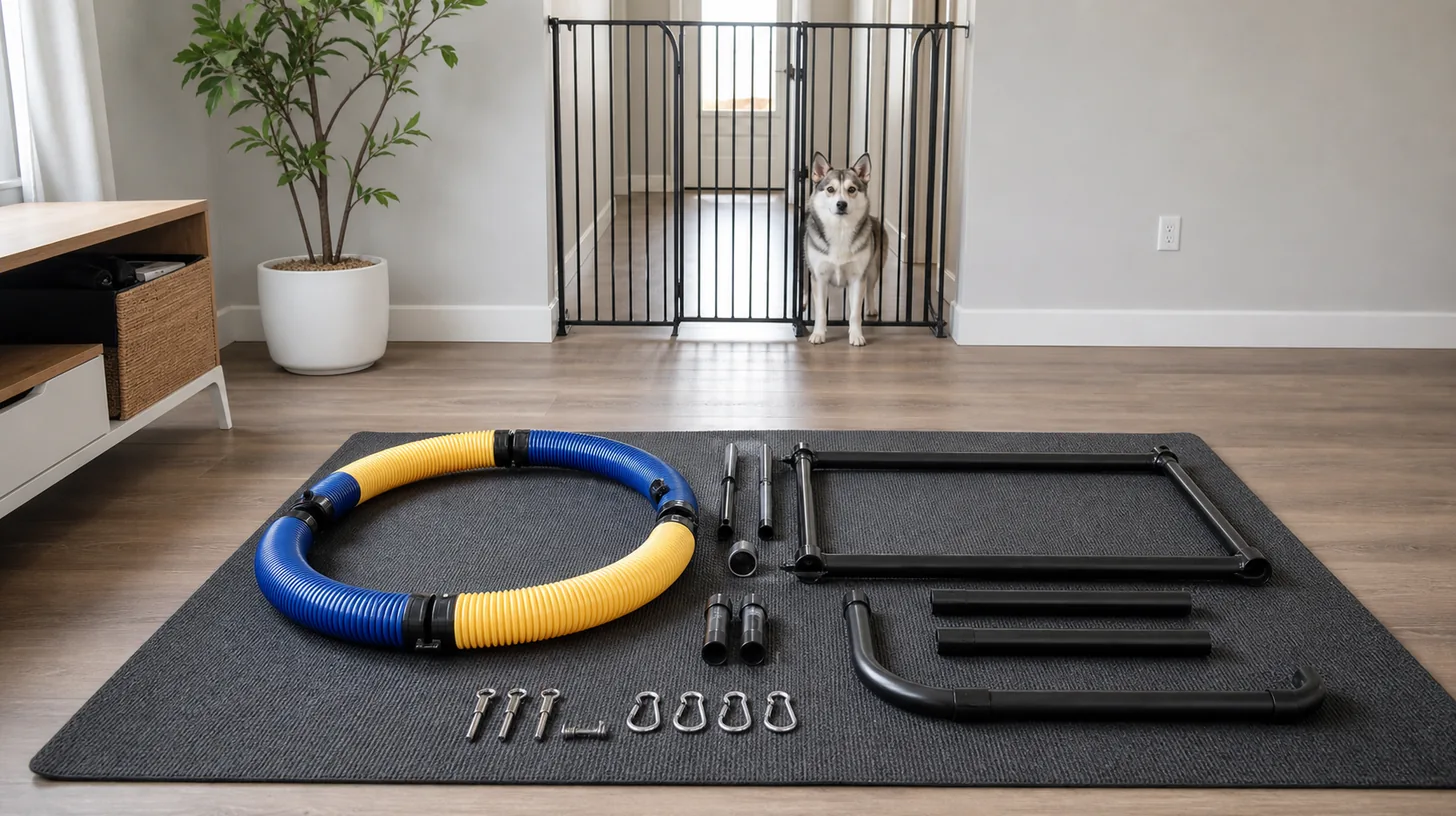 Disassembled agility hoop sections, connectors and bases are arranged away from a gated Pomsky