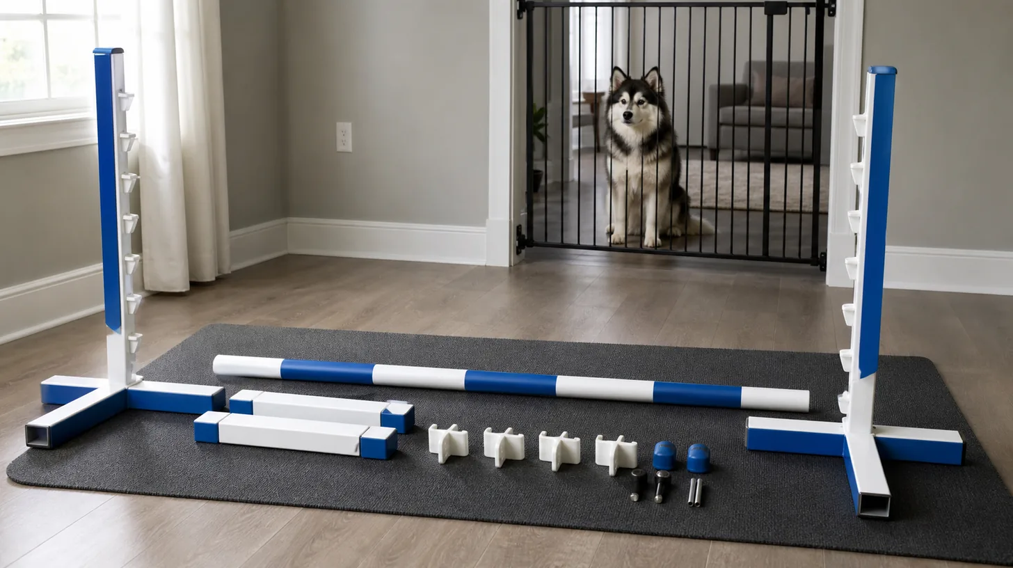 An agility jump bar, uprights, cups and bases are arranged away from a gated Pomsky