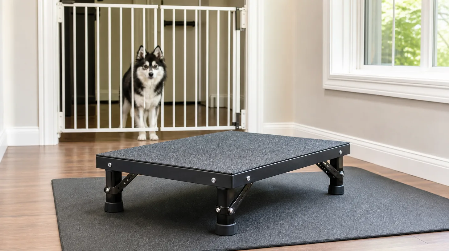 An unloaded low agility pause table rests on a mat away from a gated Pomsky