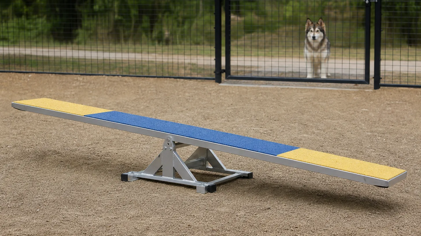 An unloaded agility teeter stands on dry ground while a Pomsky waits behind a closed gate