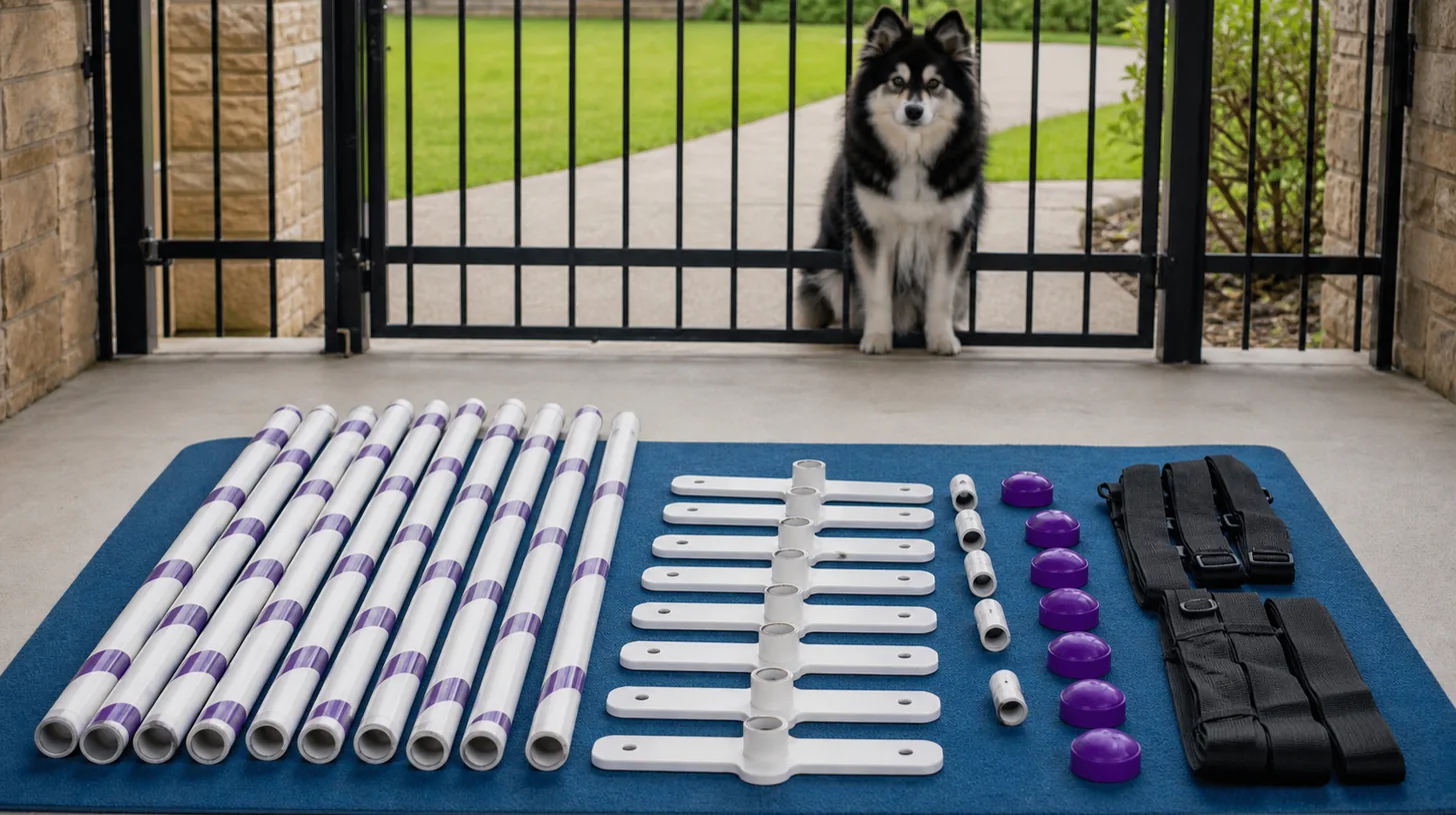 Disassembled weave poles, bases and connectors are arranged away from a gated Pomsky