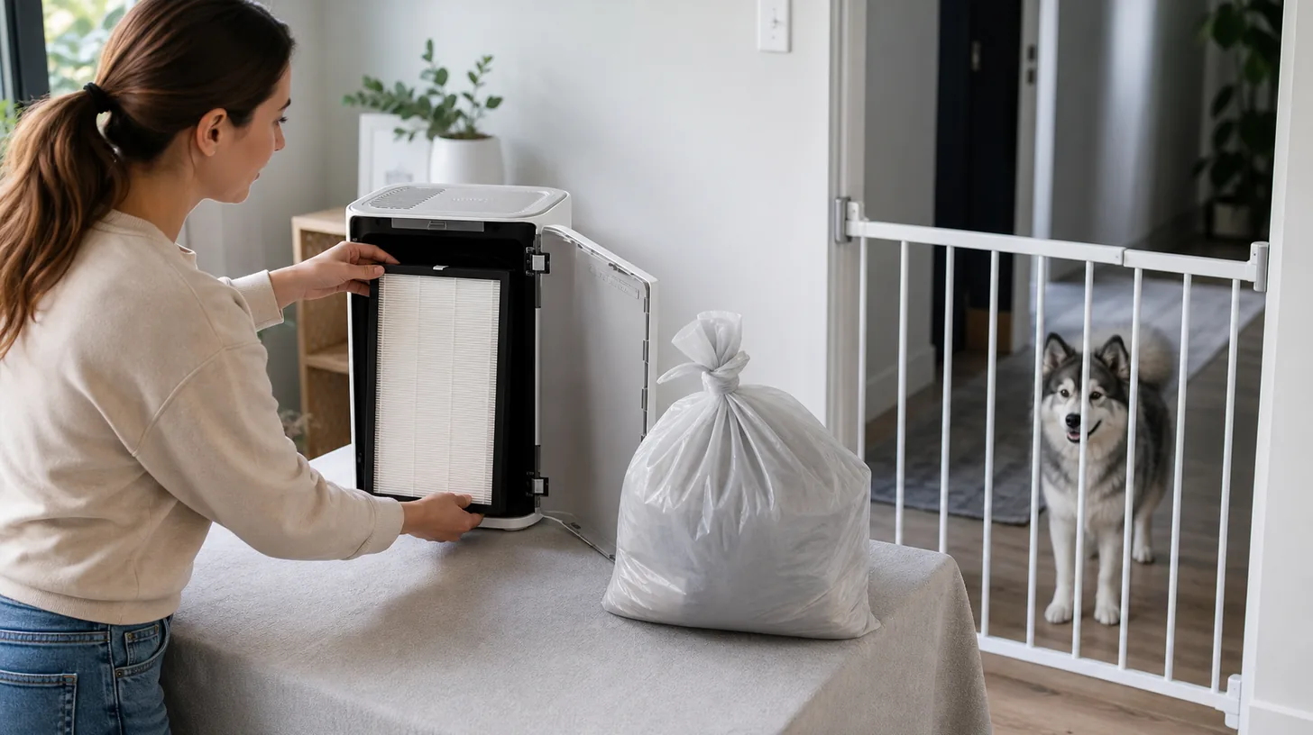 Caregiver installs a clean air-purifier filter while a Pomsky waits behind a gate