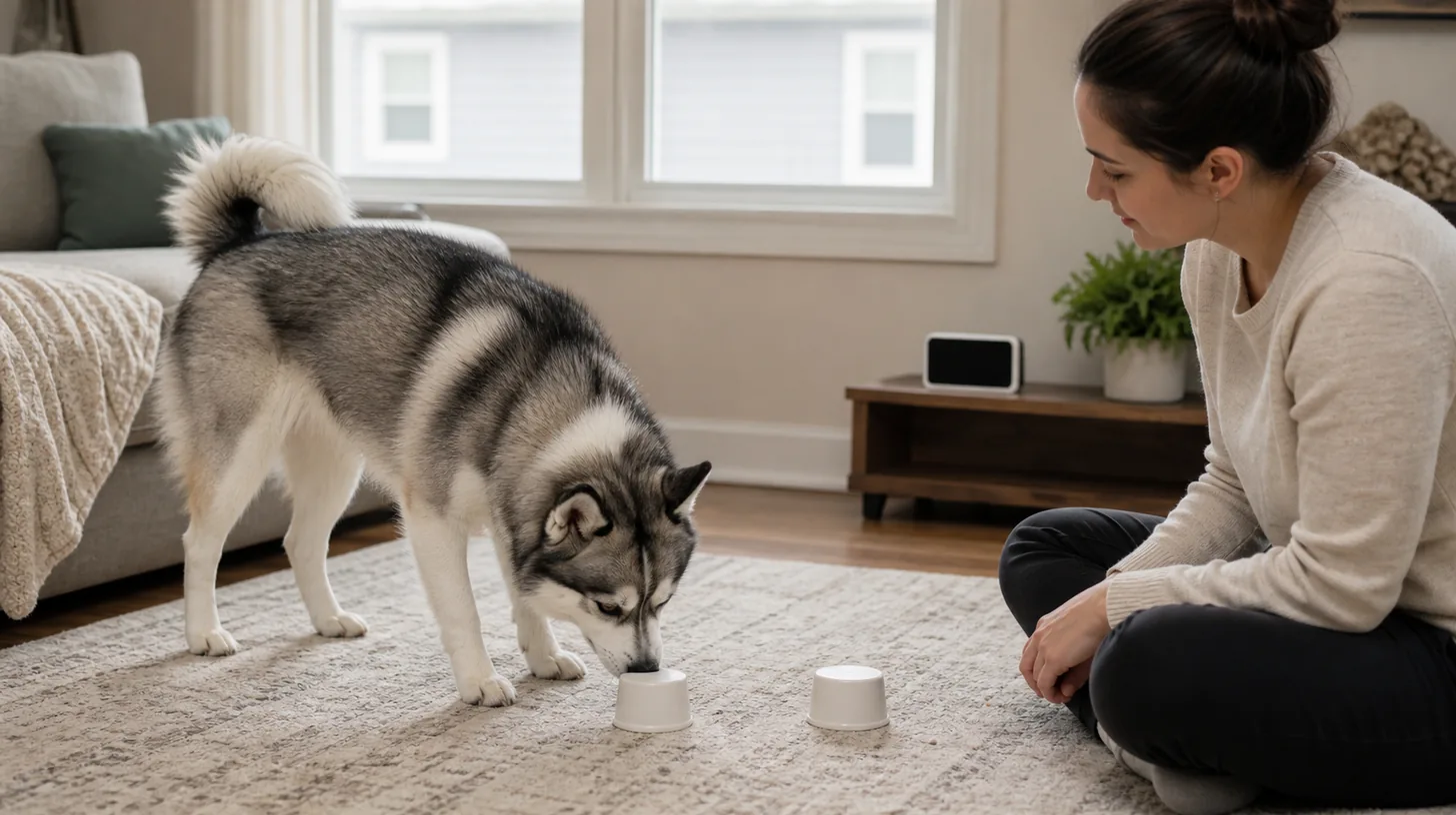 A Pomsky does a calm indoor scent activity beside a closed window