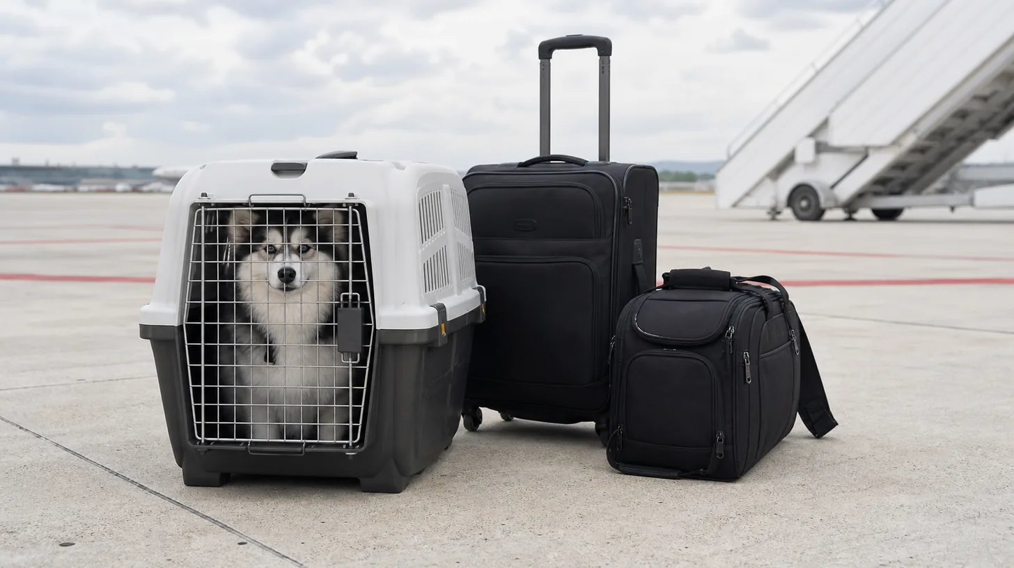 A Pomsky waits in a closed ventilated carrier beside luggage with aircraft stairs in the distance