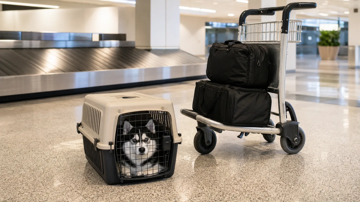 A Pomsky rests in a closed floor-level carrier beside a braked luggage cart away from a baggage belt