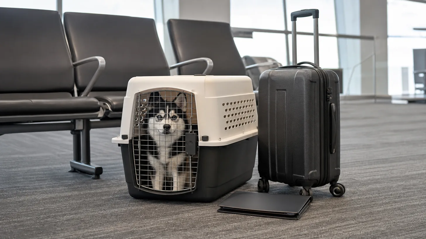 A Pomsky rests in a closed floor-level carrier beside luggage at a quiet airport gate