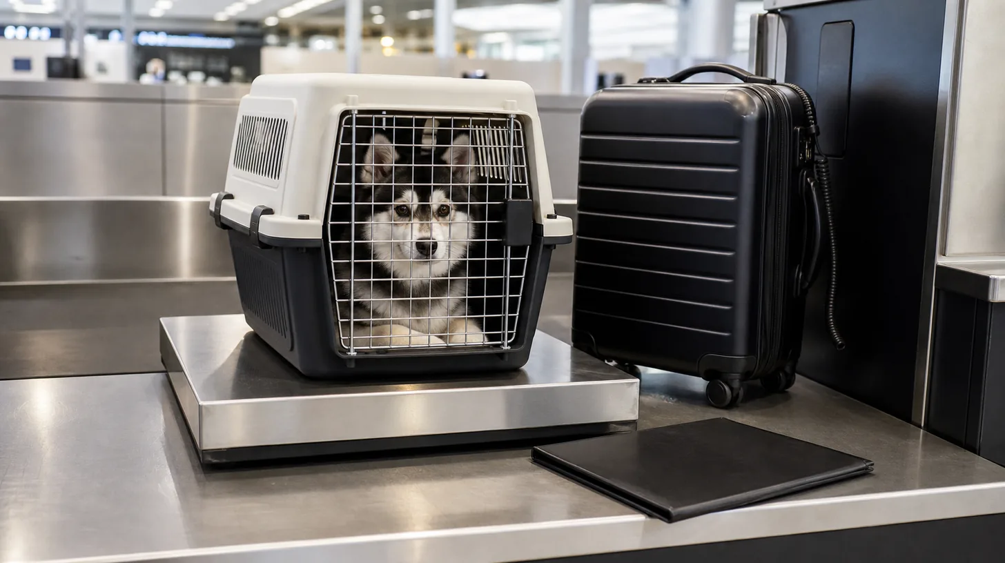 A Pomsky waits in a closed carrier on a stable airport scale beside controlled luggage