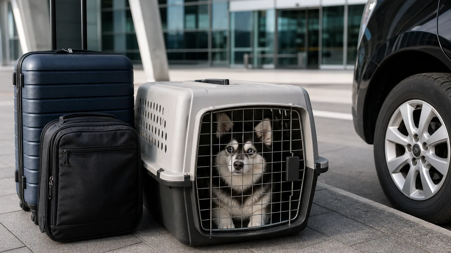 A Pomsky waits in a closed carrier beside controlled luggage at an airport curb