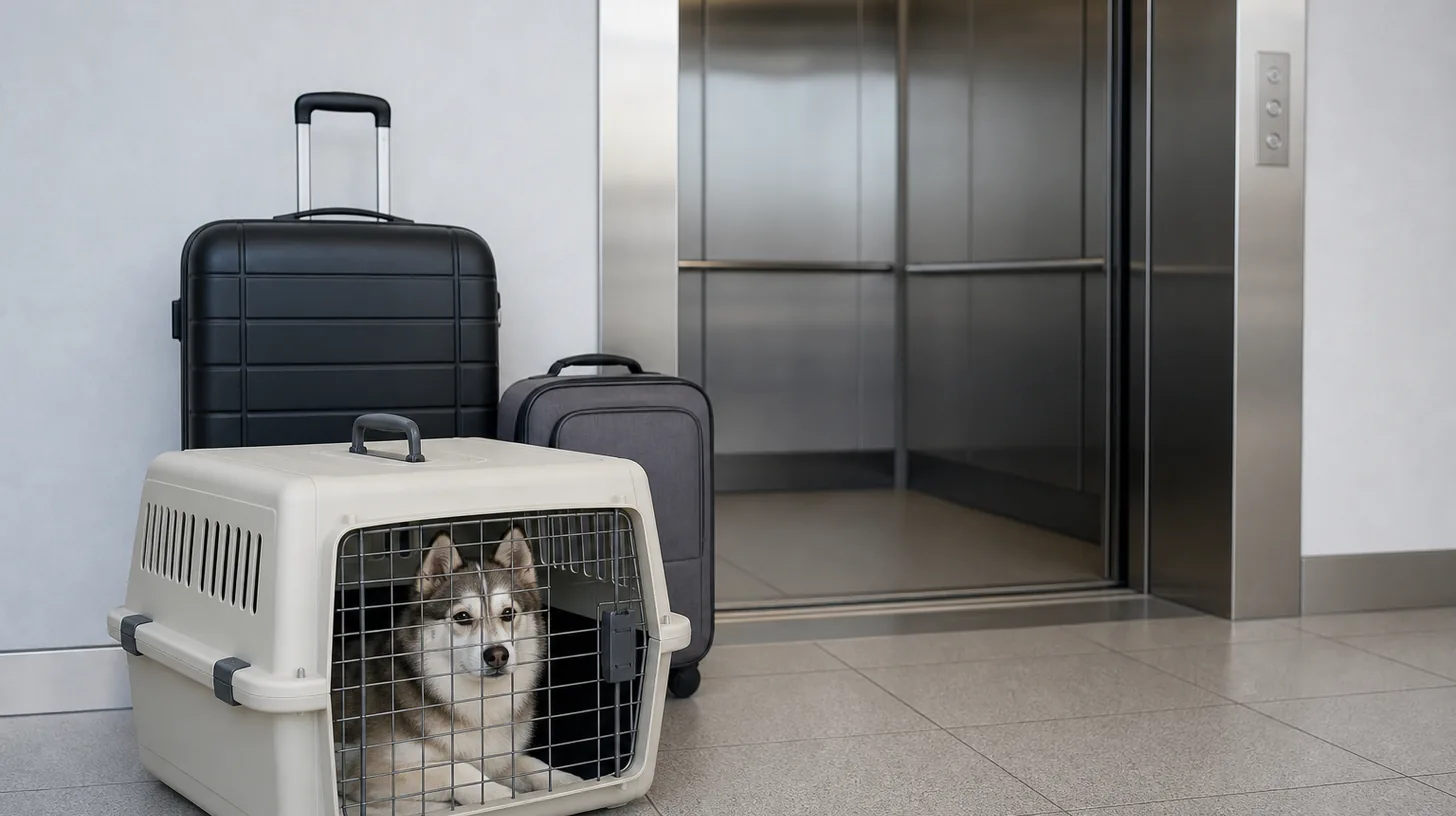 A Pomsky waits in a closed carrier with luggage at an empty airport elevator