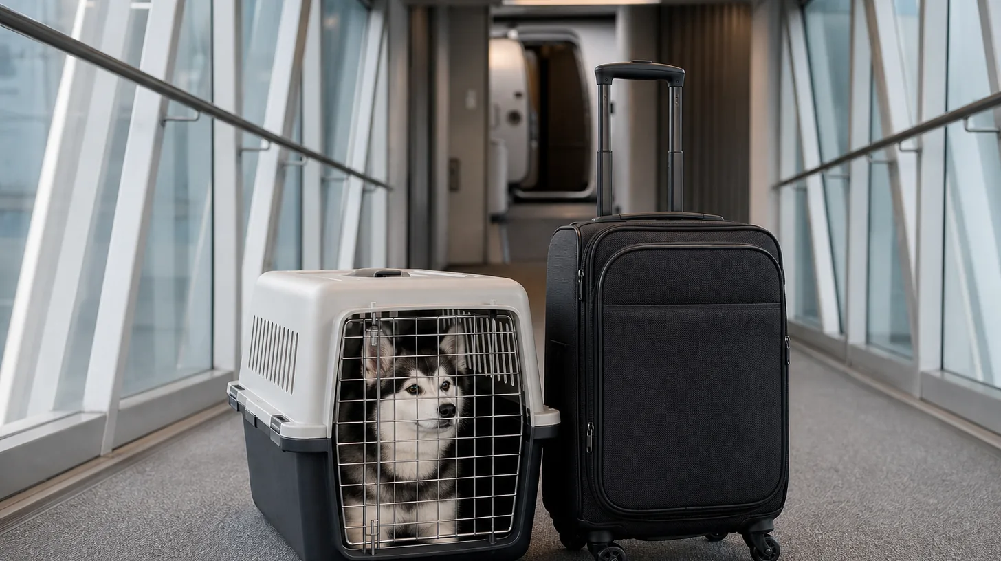 A Pomsky rests in a closed carrier beside luggage on an empty airport jet bridge