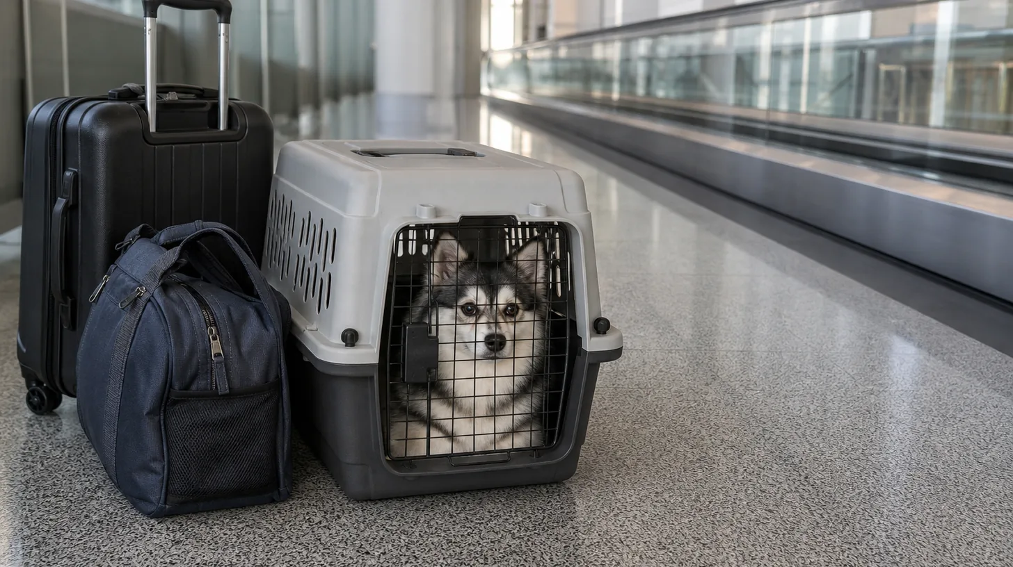 A Pomsky rests in a closed carrier beside luggage on stationary airport flooring