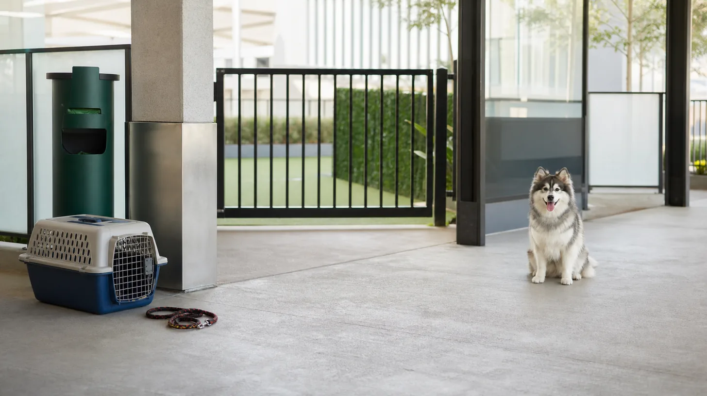 A Pomsky waits beside a closed carrier and leash near an empty airport pet relief area gate