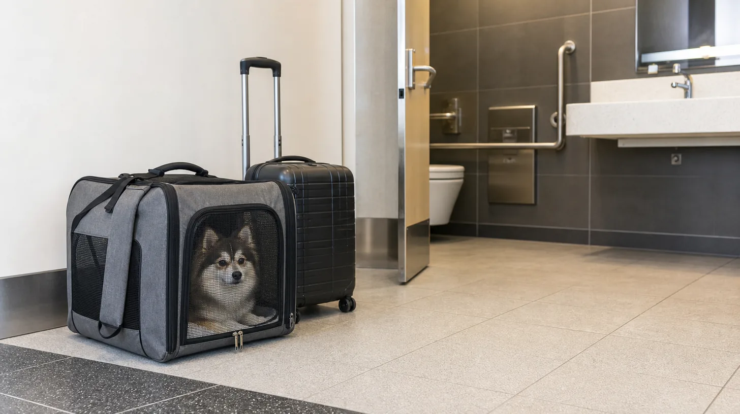 Closed Pomsky carrier and controlled luggage in a dry airport restroom zone