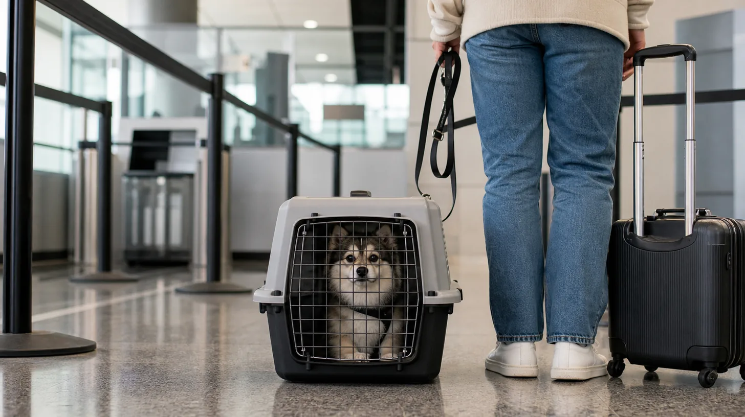 Pomsky secured in a closed carrier beside a caregiver in a quiet airport screening queue