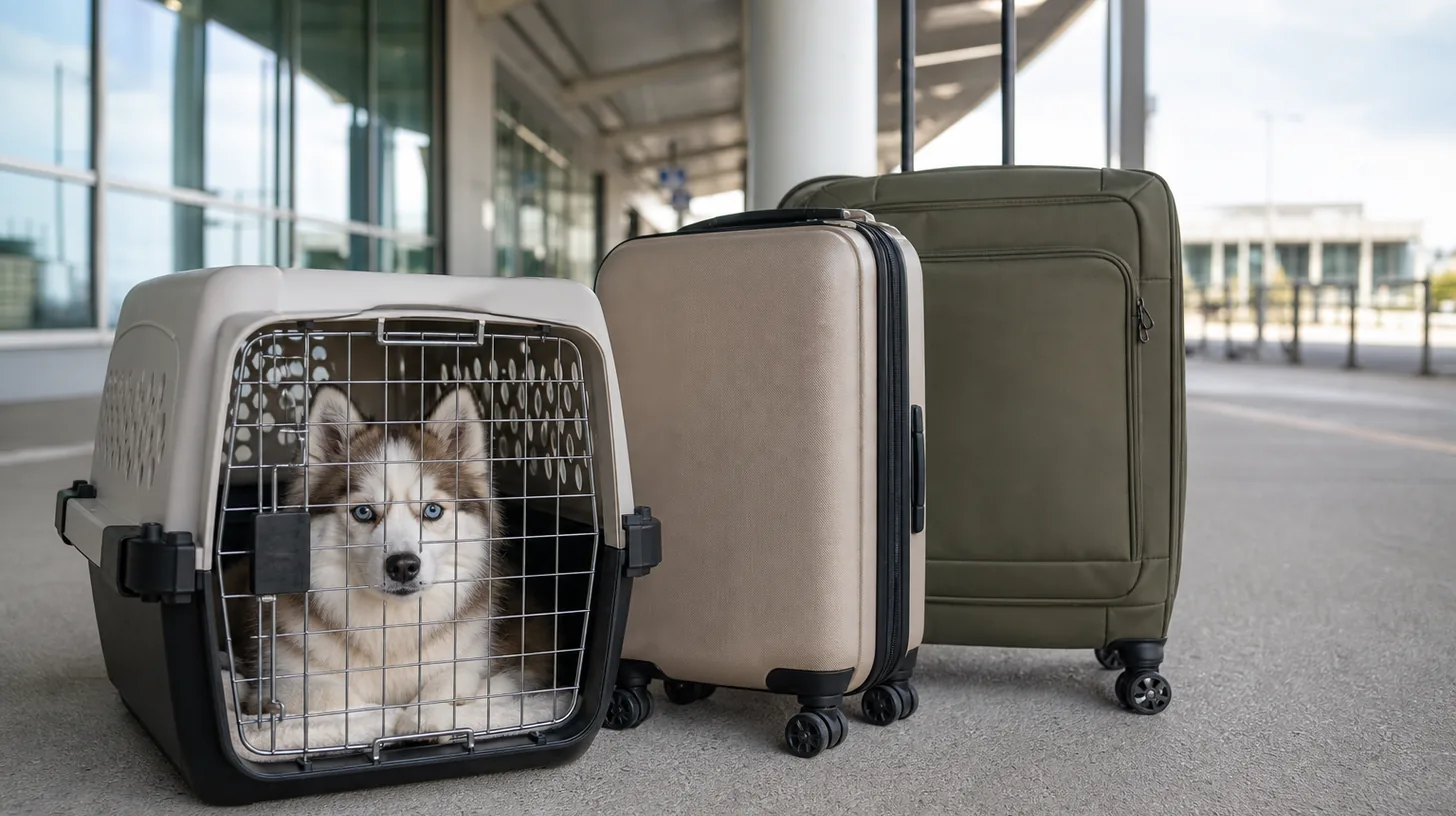 A Pomsky rests in a closed ventilated carrier beside luggage at a safe airport curb