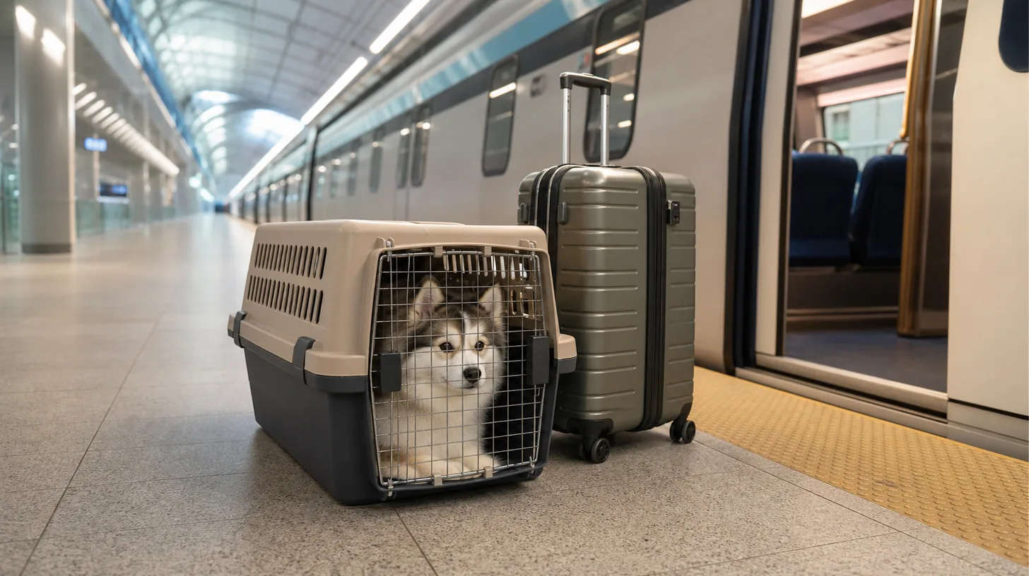 A Pomsky waits in a closed carrier with controlled luggage beside an empty airport terminal train