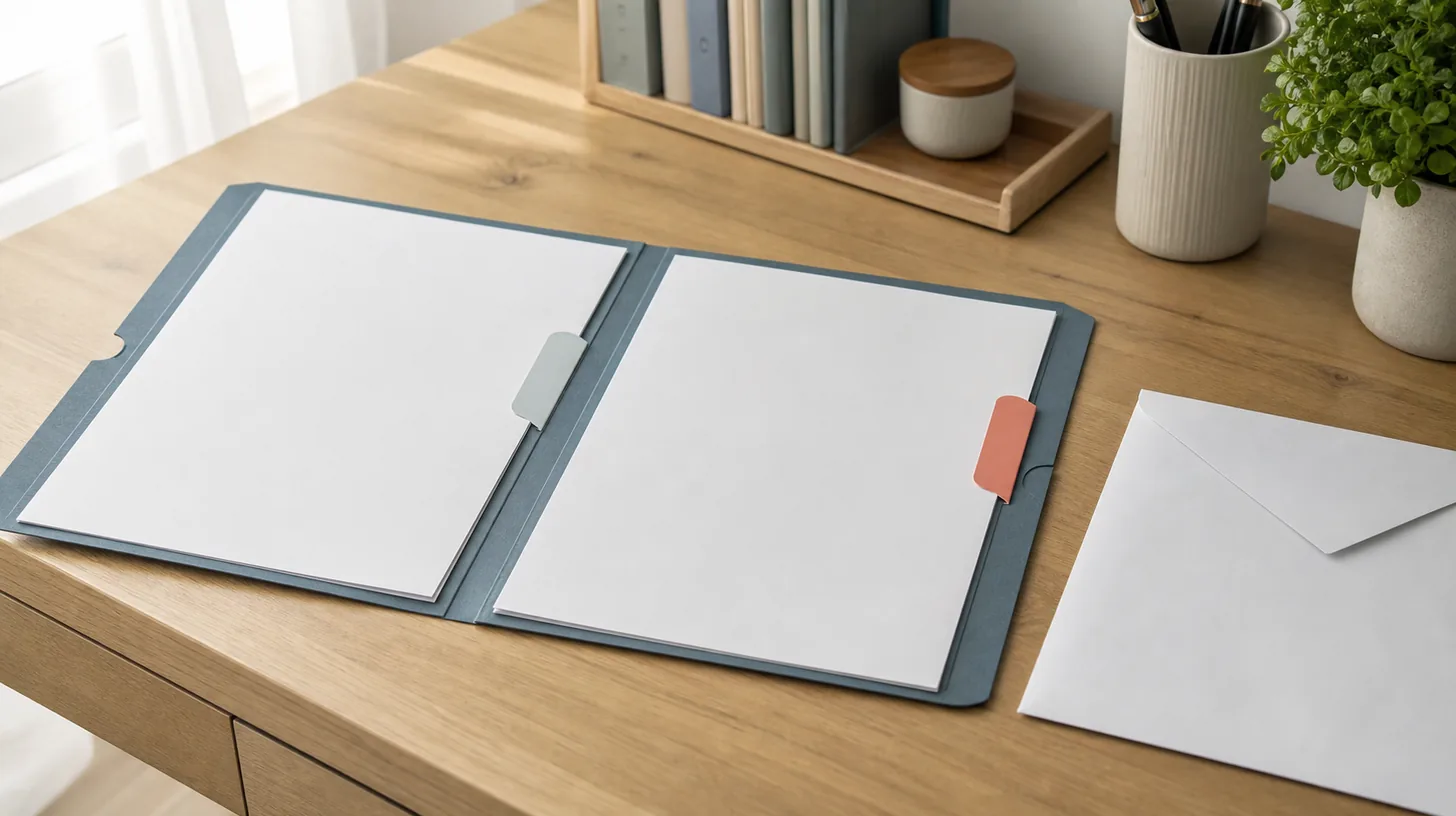 Two blank tabbed report versions and a closed privacy envelope are organized on a desk