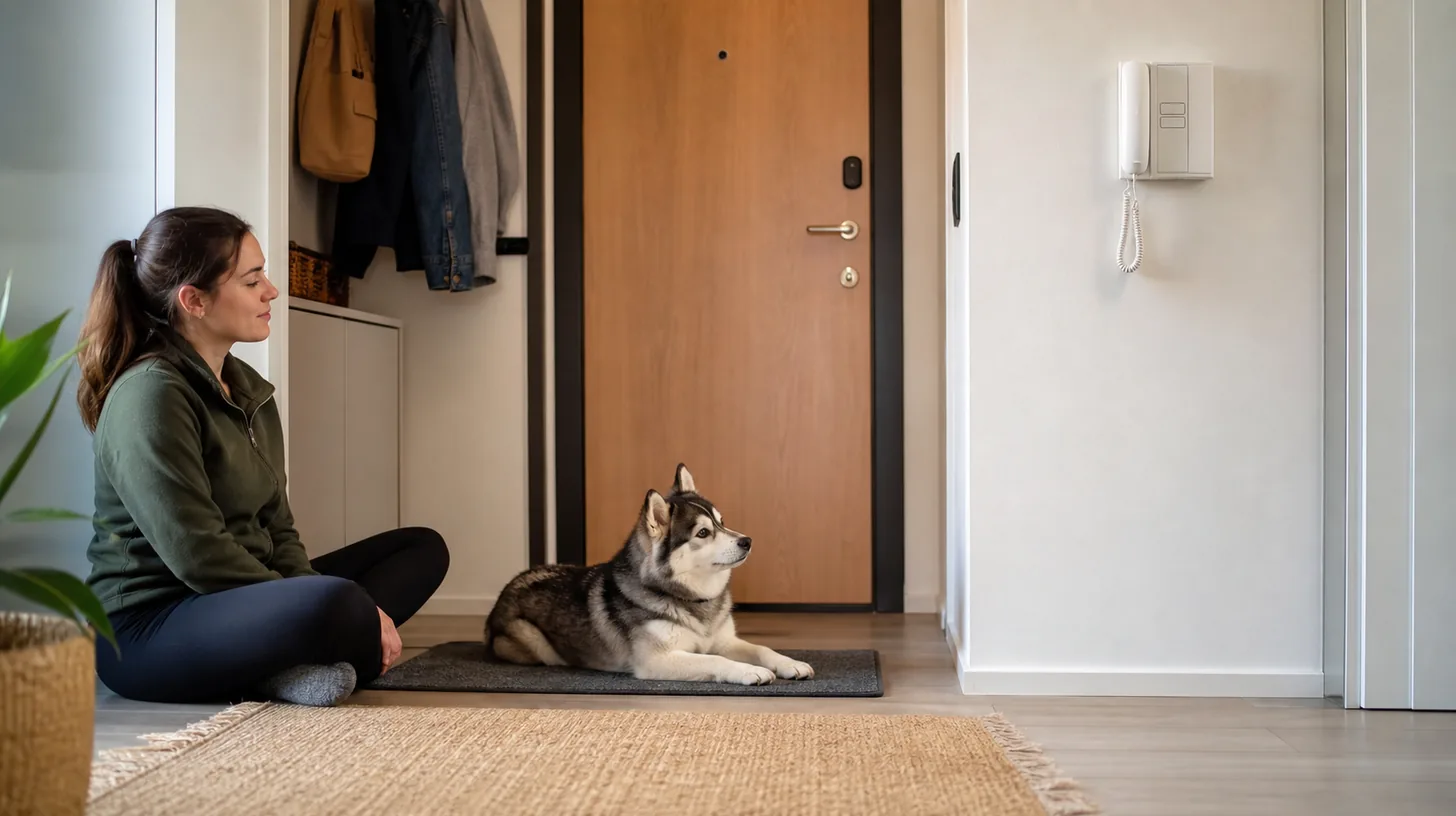Calm Pomsky resting on a mat at an open retreat distance from a generic apartment intercom