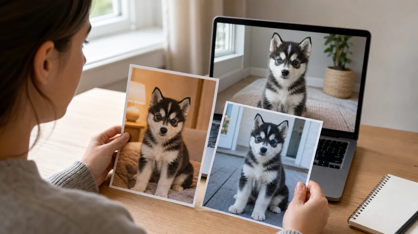 Buyer compares the same Pomsky puppy in warm light daylight and a live video view