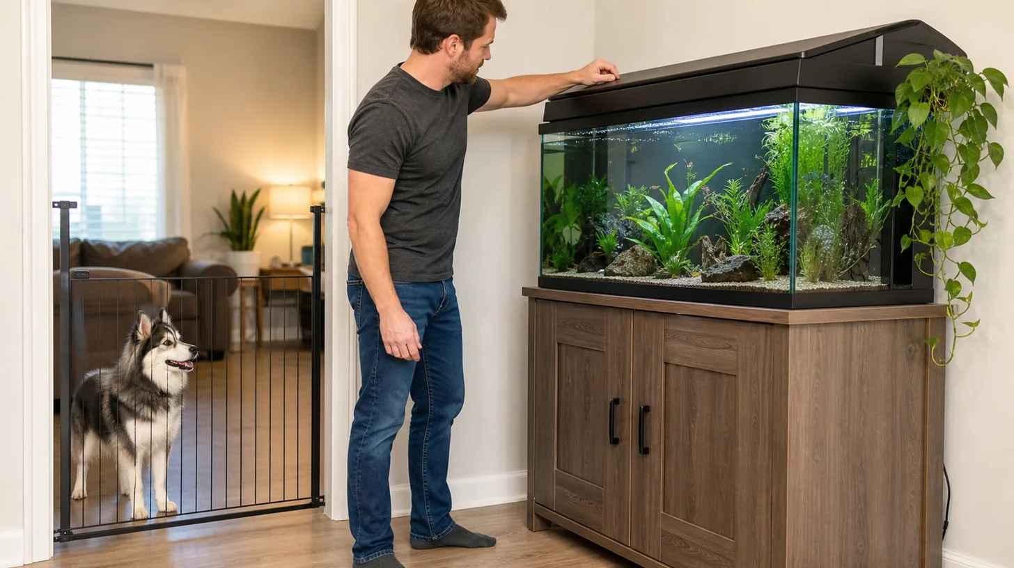 A Pomsky waits behind a gate while an adult checks a closed aquarium lid