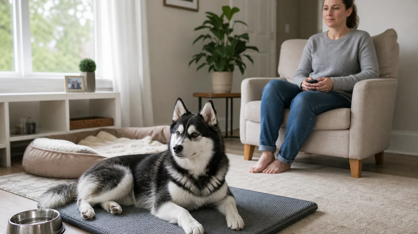 A quiet Pomsky rests on a mat while a caregiver marks a calm pause from a distance