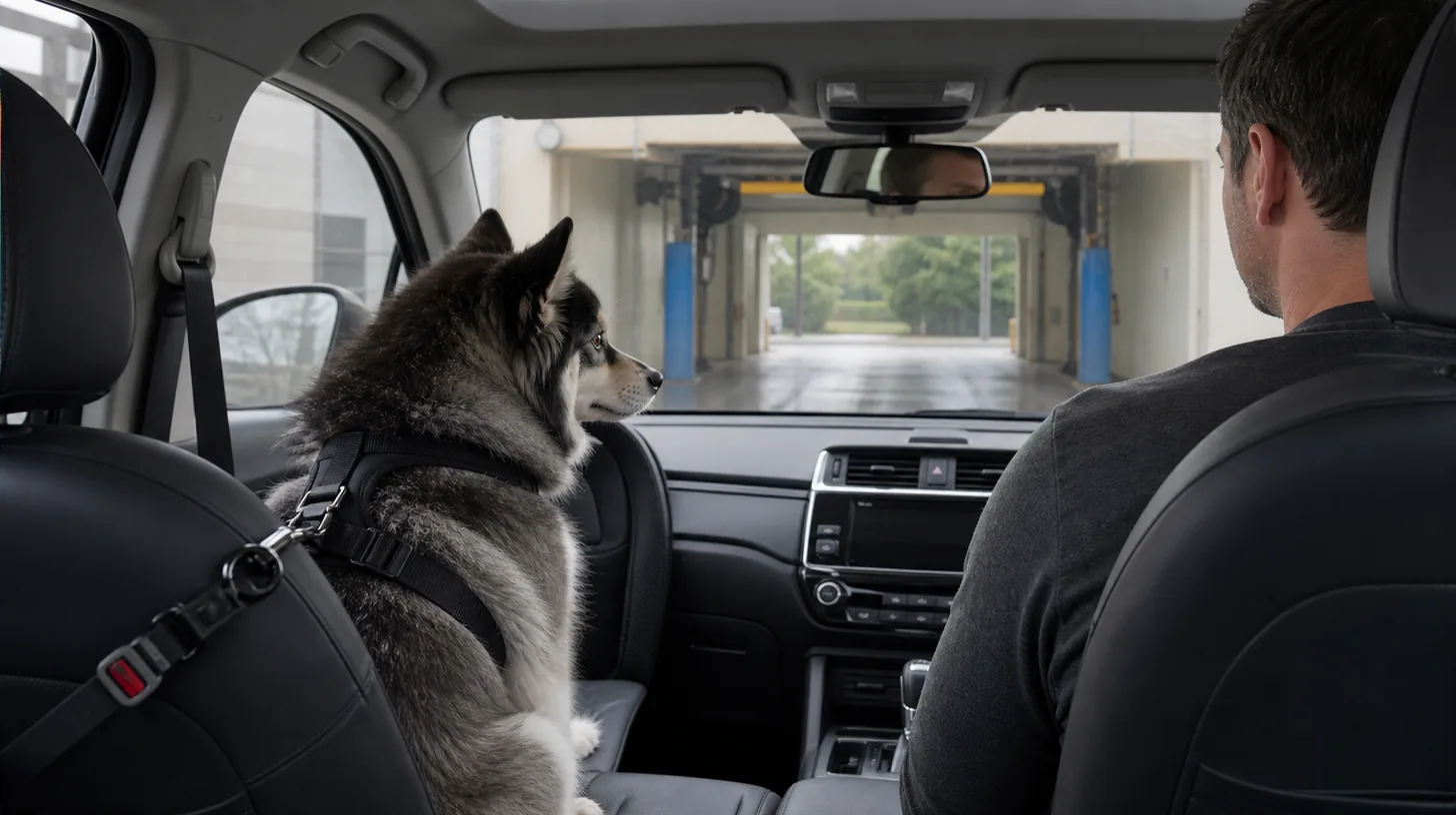 Pomsky secured in a fitted rear-seat vehicle harness before a quiet automatic car wash