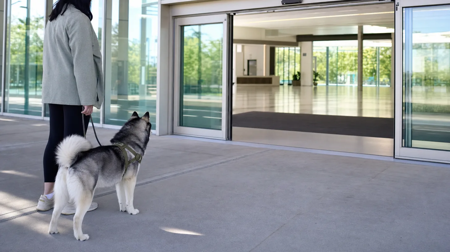 Leashed Pomsky observing a generic automatic sliding door from a safe distance