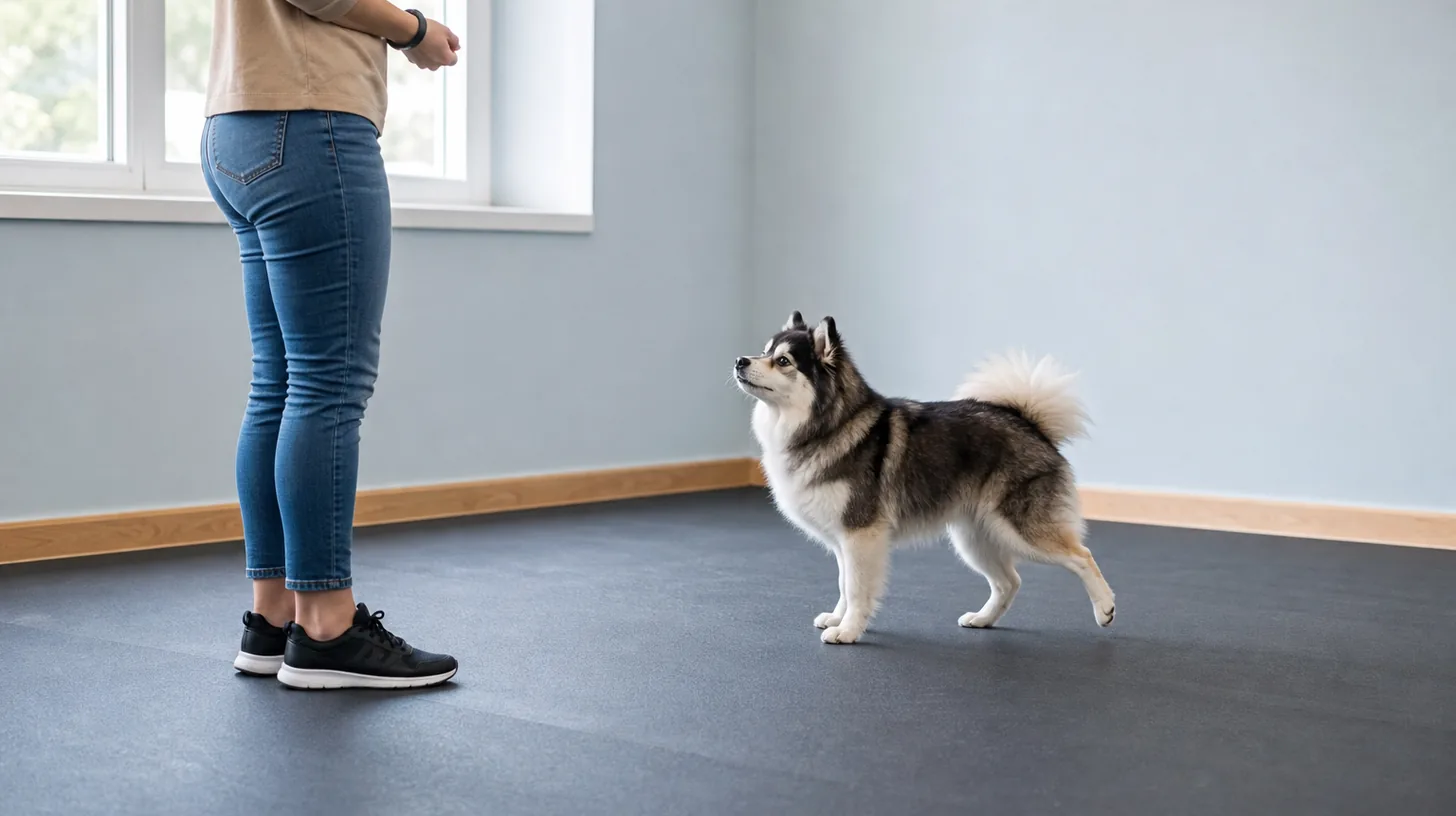 A Pomsky takes one voluntary reverse step on clear nonslip flooring during reward-based training