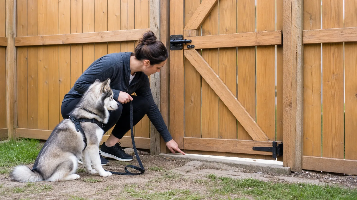 A caregiver inspects a closed backyard gate and ground gap while a harnessed Pomsky waits on leash