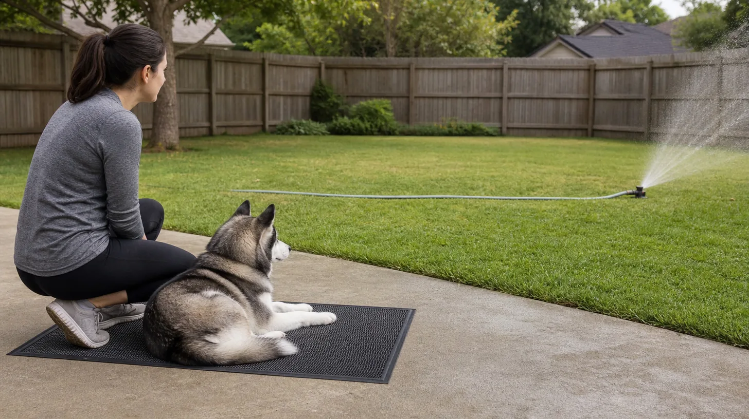 Pomsky resting on a dry mat while a caregiver tests a sprinkler at a safe distance