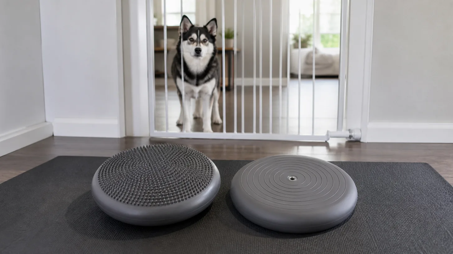 Two views of a balance cushion rest on a mat while a Pomsky waits behind a gate