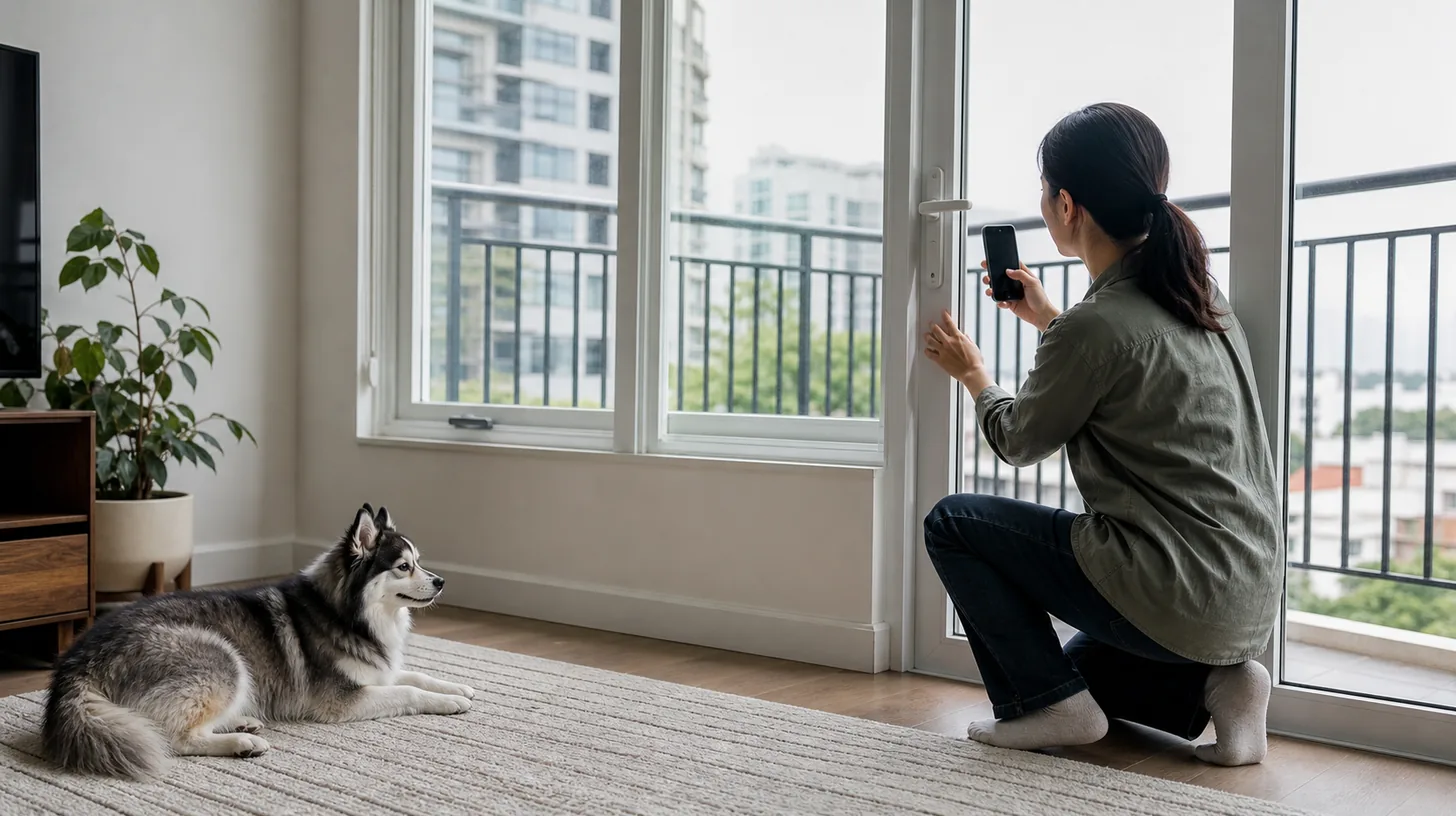 A caregiver checks a closed balcony door and window while a Pomsky remains safely inside the apartment