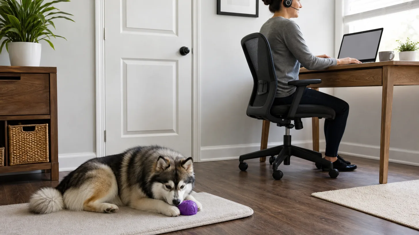 A Pomsky rests on a mat while a caregiver participates in a video call