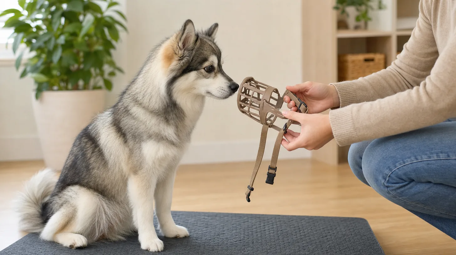 Pomsky voluntarily sniffs an open basket muzzle while a caregiver inspects its straps