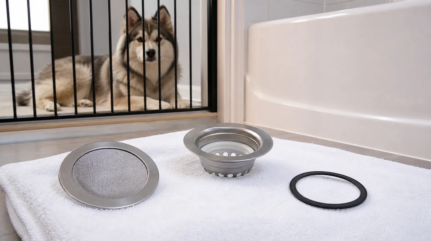 A clean drain strainer, mesh and seal dry on a towel away from a gated Pomsky