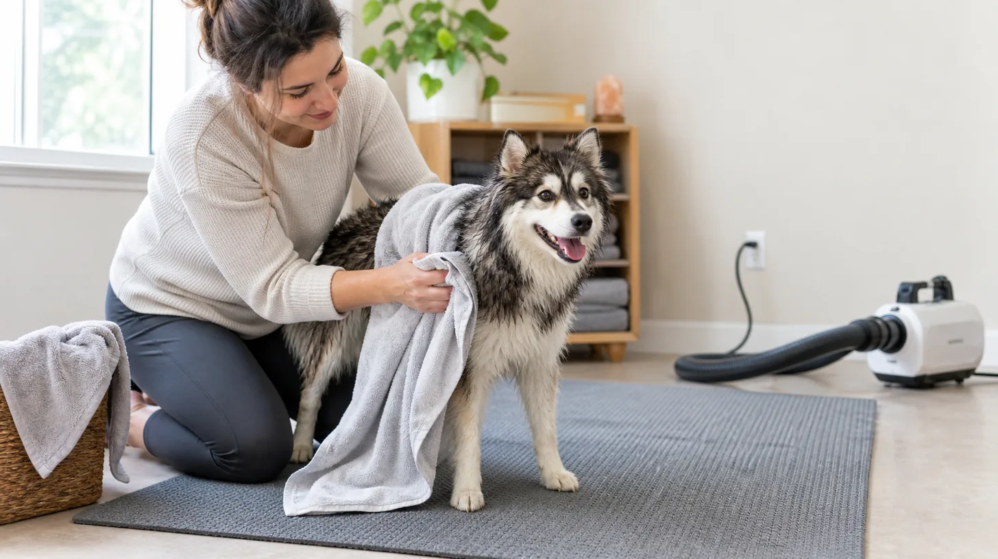 A caregiver gently towel-blots a damp Pomsky on a nonslip mat with a pet dryer positioned far away