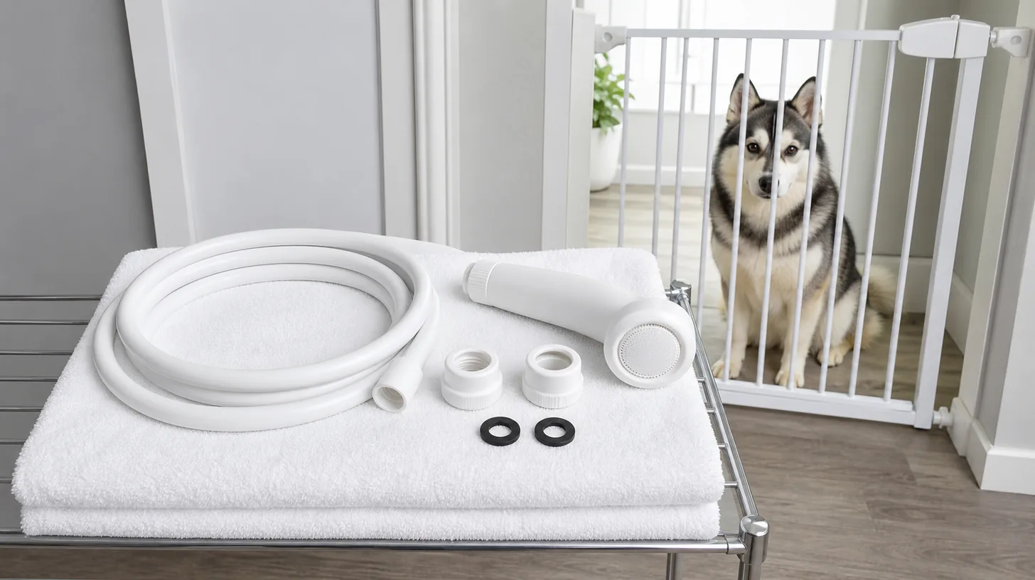 A blank hose, sprayer, couplings and washers dry away from a gated Pomsky
