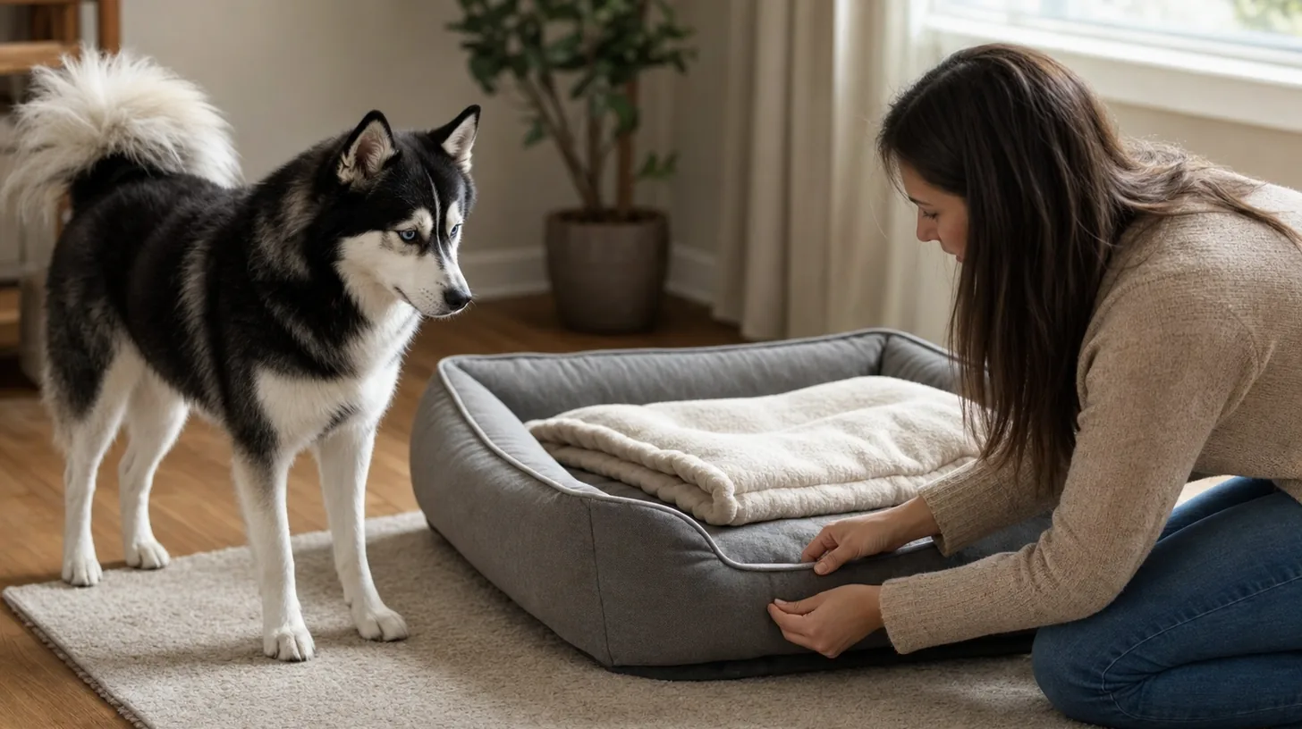 A Pomsky waits beside an intact dog bed while a caregiver inspects its edge
