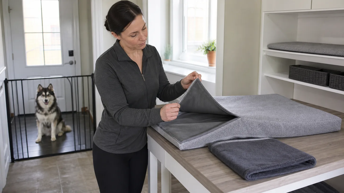 Caregiver inspecting clean dry Pomsky bedding seams and backing