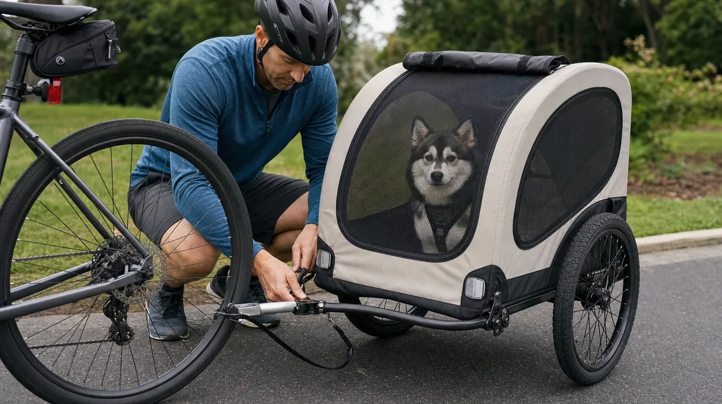 Harnessed Pomsky sits in a closed bicycle trailer while a caregiver inspects the hitch and tires